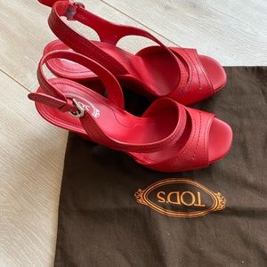 Wedge Tod’s red leather sandals, made in Italy, worn once to a wedding